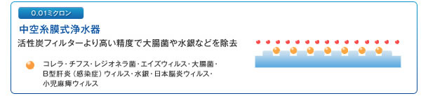 　0.01ミクロンの中空糸膜式浄水器：活性炭フィルターより高い精度で、大腸菌や水銀などを除去